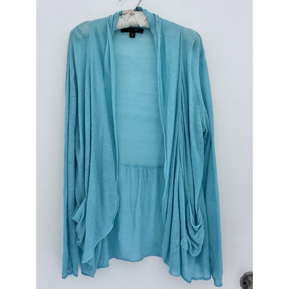 FEVER Cardigan Womens XL Aqua Blue Linen Blend Open Cardigan Light Weight Beachy